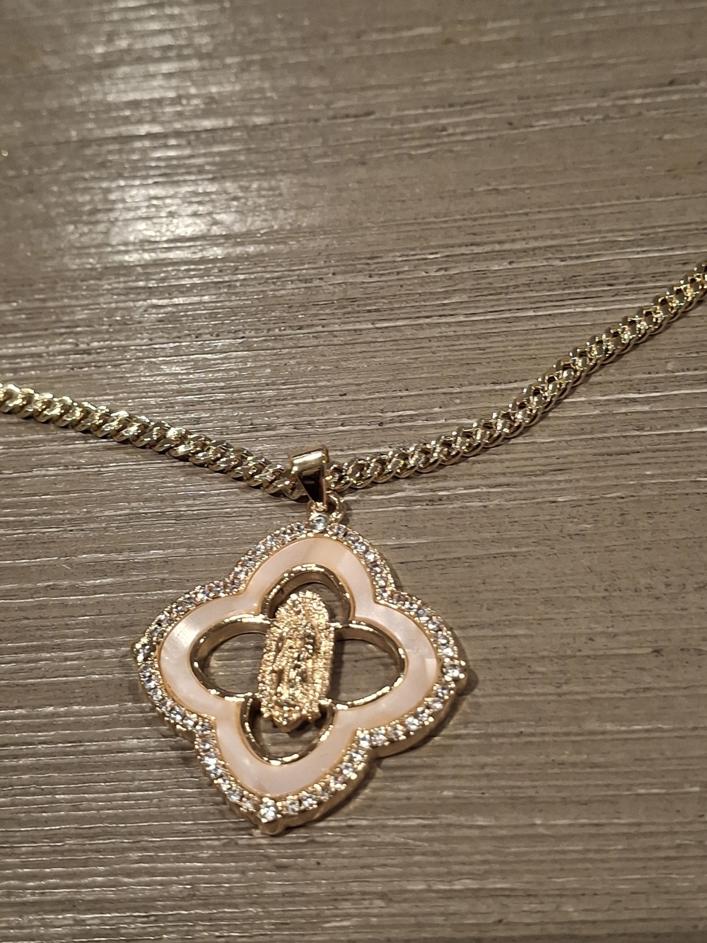 Gold-Tone Pink Enamel Religious Pendant Necklace